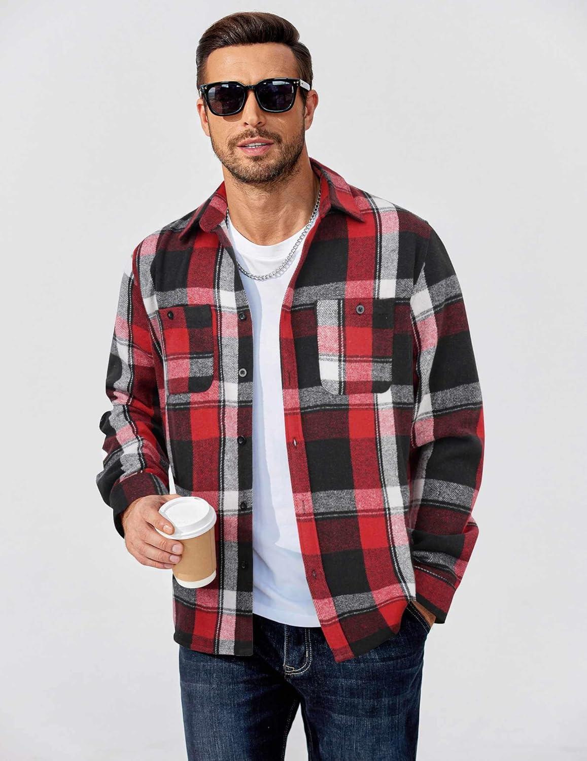 imageCOOFANDY Mens Flannel Shirts Long Sleeve Casual Cotton Plaid Button Down Shirt Jacket with PocketsRedblack Plaid