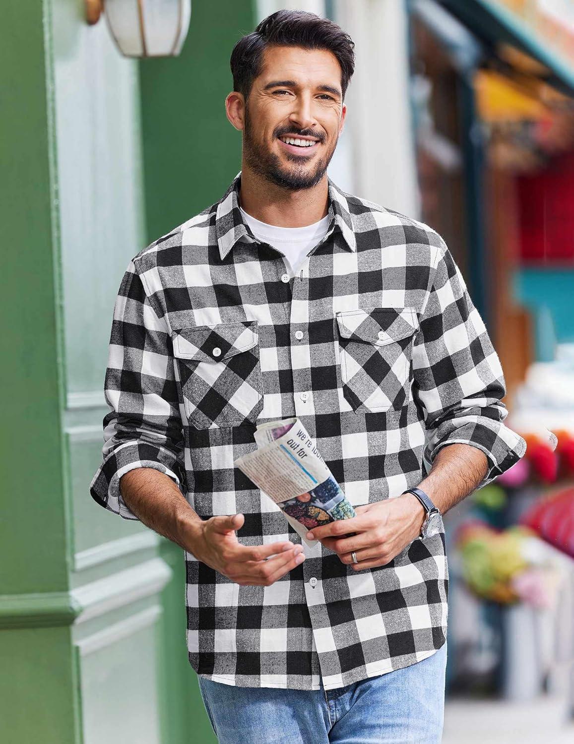 imageCOOFANDY Mens Flannel Shirts Long Sleeve Casual Plaid Button Down Shirt Cotton Shirt Cowboy Work Shirts with PocketsBlack