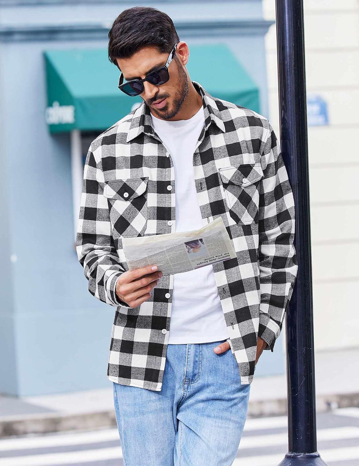 imageCOOFANDY Mens Flannel Shirts Long Sleeve Casual Plaid Button Down Shirt Cotton Shirt Cowboy Work Shirts with PocketsBlack