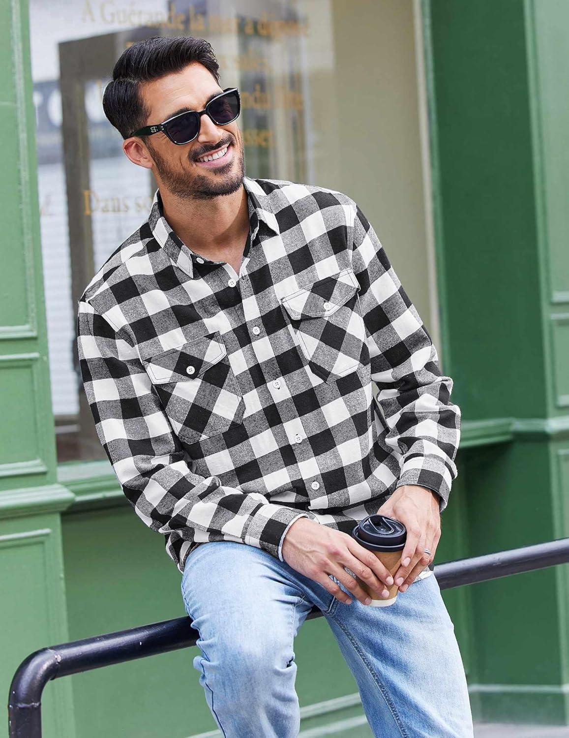 imageCOOFANDY Mens Flannel Shirts Long Sleeve Casual Plaid Button Down Shirt Cotton Shirt Cowboy Work Shirts with PocketsBlack