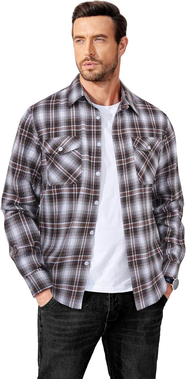 imageCOOFANDY Mens Flannel Shirts Long Sleeve Casual Plaid Button Down Shirt Cotton Shirt Cowboy Work Shirts with PocketsBlackbrown