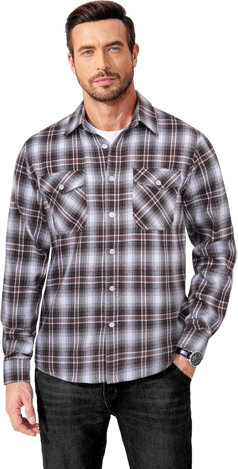 imageCOOFANDY Mens Flannel Shirts Long Sleeve Casual Plaid Button Down Shirt Cotton Shirt Cowboy Work Shirts with PocketsBlackbrown