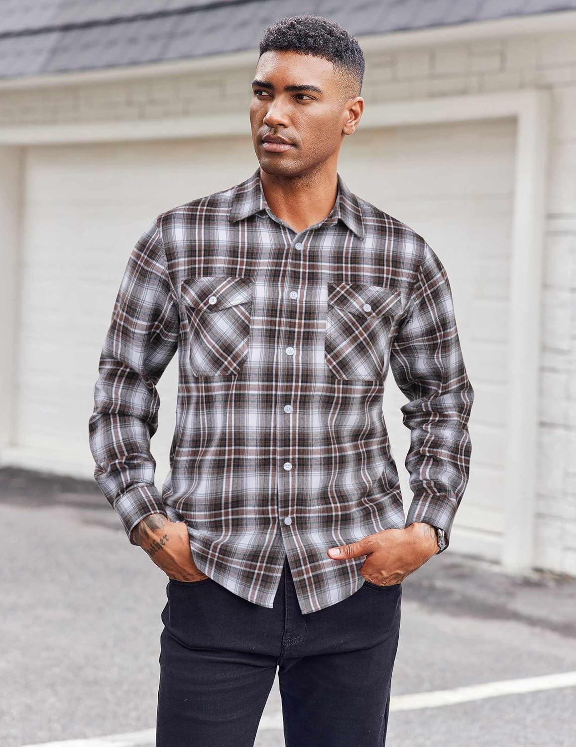 imageCOOFANDY Mens Flannel Shirts Long Sleeve Casual Plaid Button Down Shirt Cotton Shirt Cowboy Work Shirts with PocketsBlackbrown