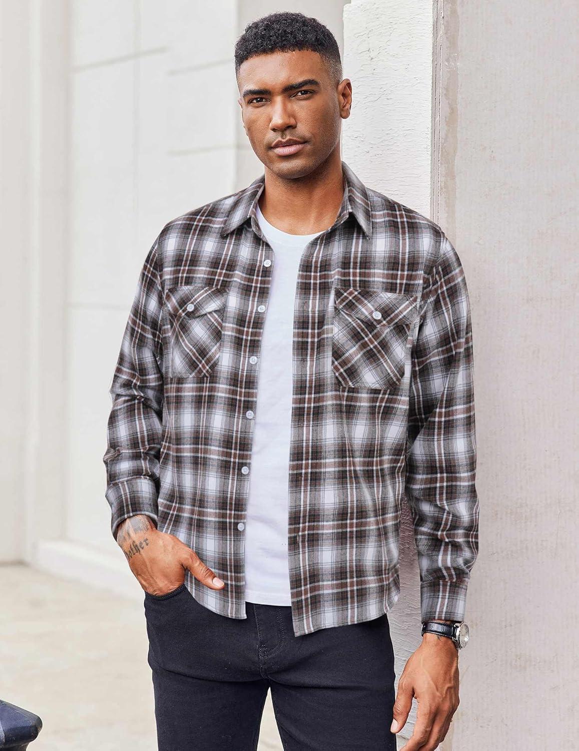 imageCOOFANDY Mens Flannel Shirts Long Sleeve Casual Plaid Button Down Shirt Cotton Shirt Cowboy Work Shirts with PocketsBlackbrown