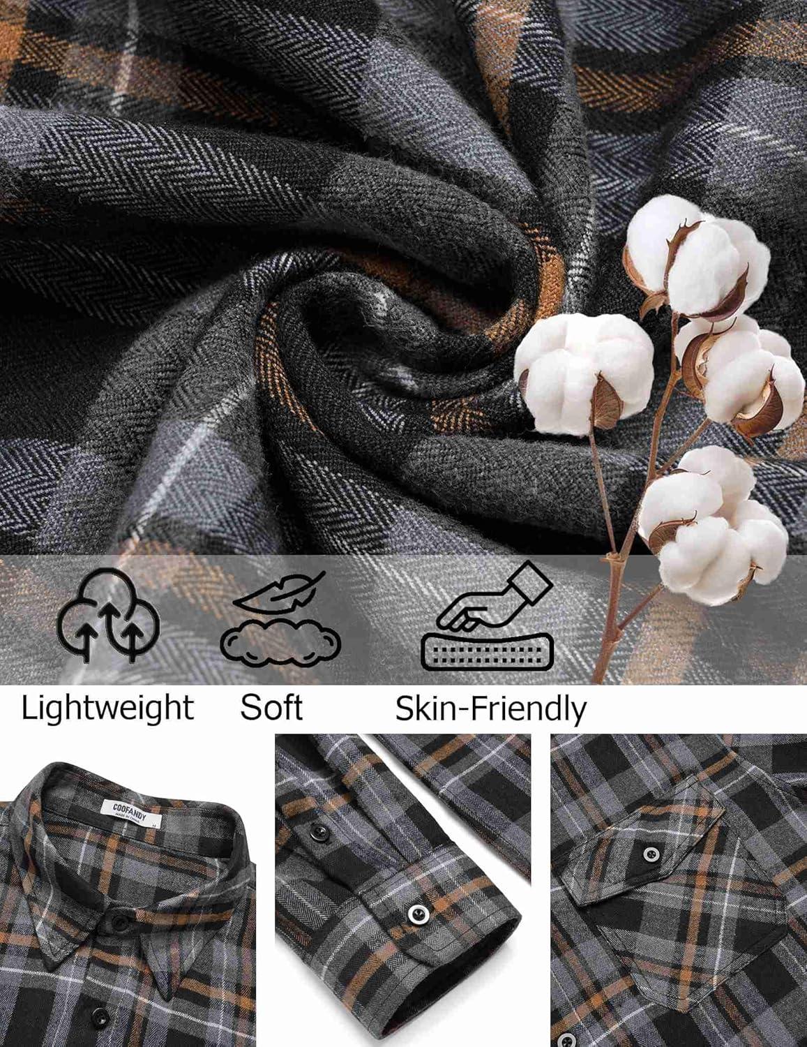 imageCOOFANDY Mens Flannel Shirts Long Sleeve Casual Plaid Button Down Shirt Cotton Shirt Cowboy Work Shirts with PocketsBlackgrey