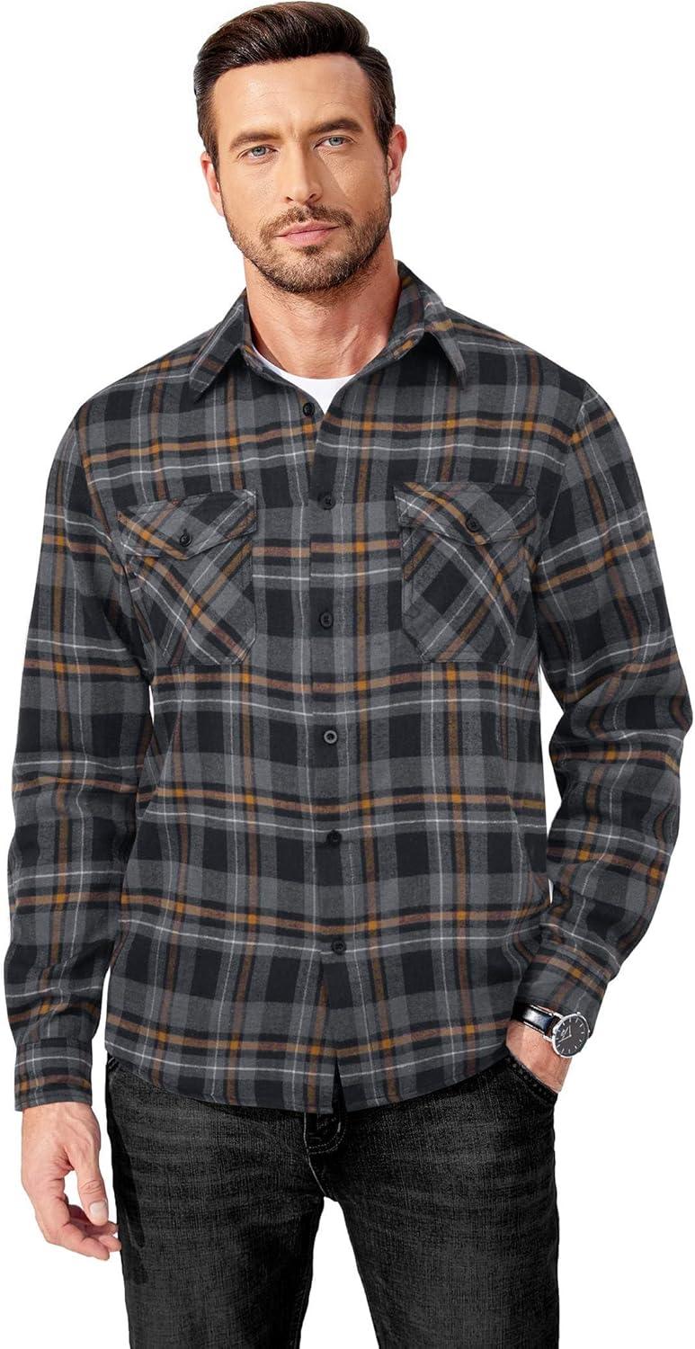 imageCOOFANDY Mens Flannel Shirts Long Sleeve Casual Plaid Button Down Shirt Cotton Shirt Cowboy Work Shirts with PocketsBlackgrey