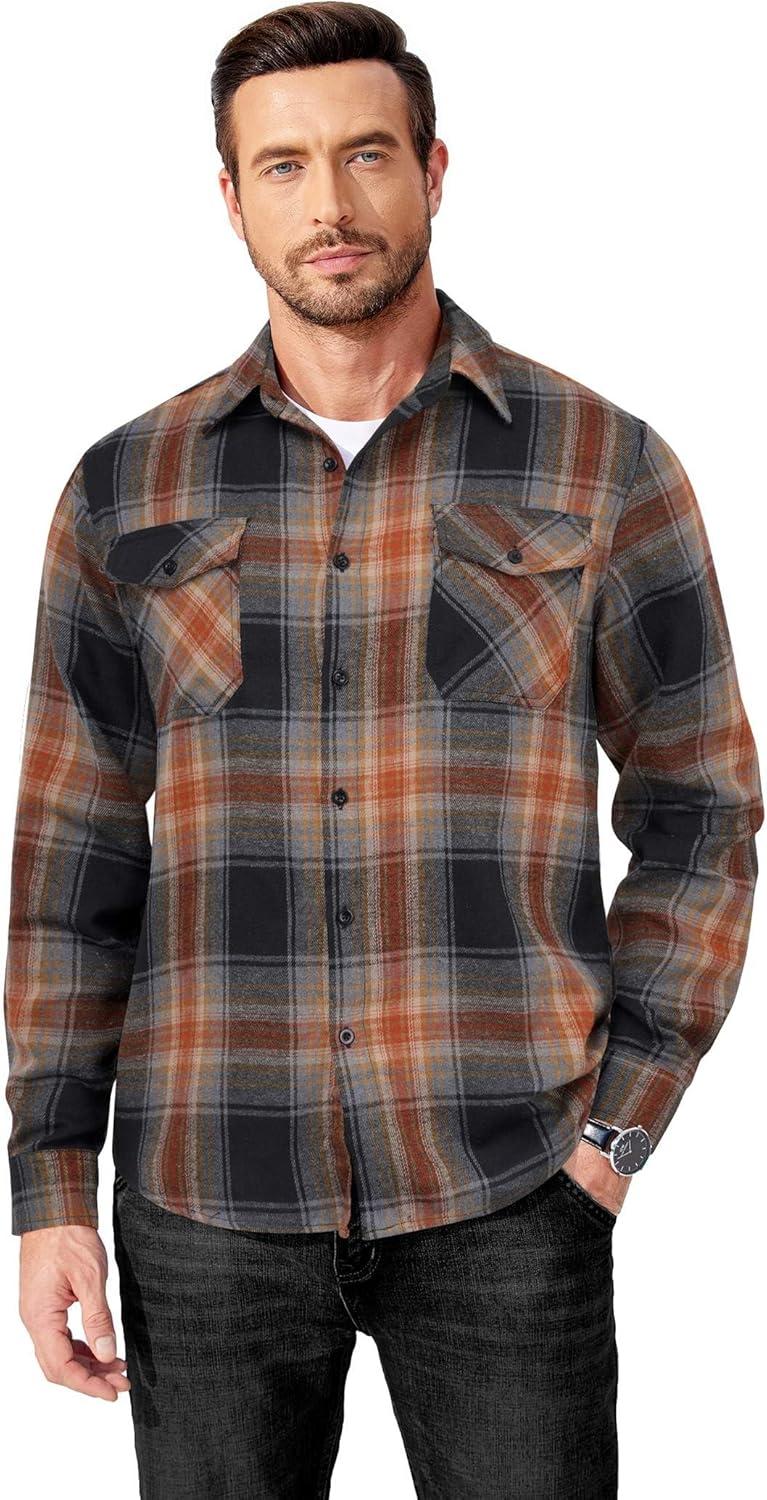 imageCOOFANDY Mens Flannel Shirts Long Sleeve Casual Plaid Button Down Shirt Cotton Shirt Cowboy Work Shirts with PocketsBlackorange