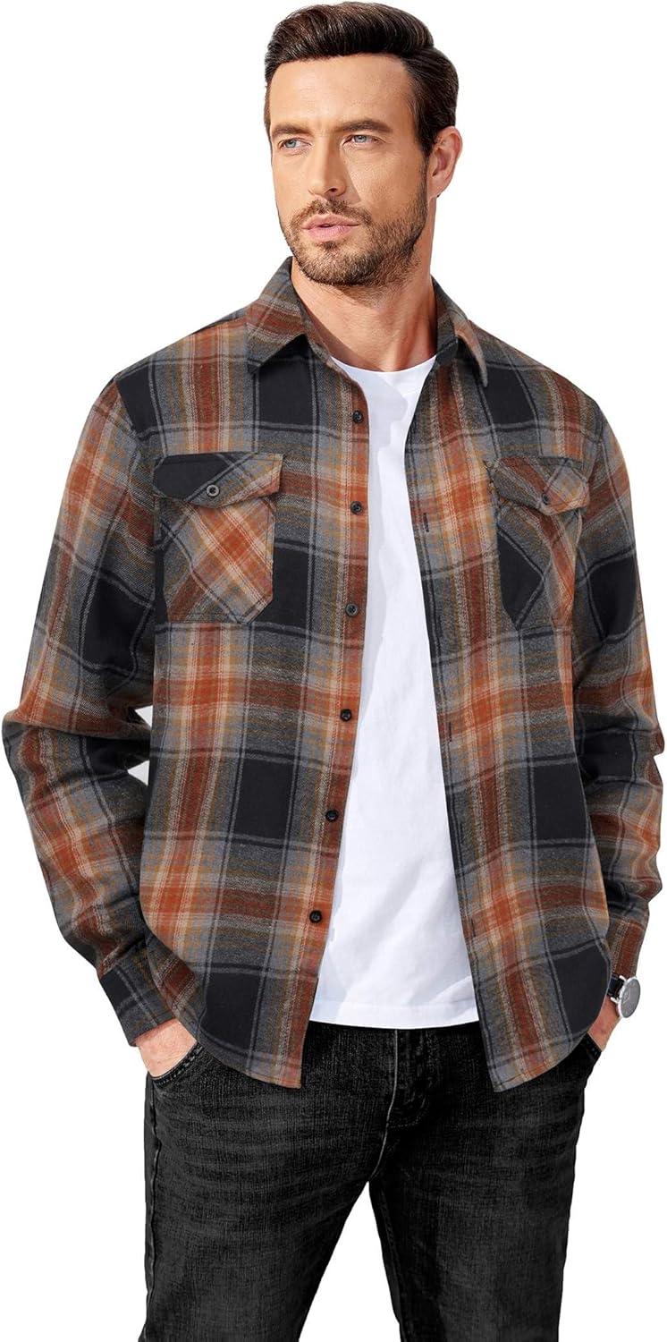imageCOOFANDY Mens Flannel Shirts Long Sleeve Casual Plaid Button Down Shirt Cotton Shirt Cowboy Work Shirts with PocketsBlackorange