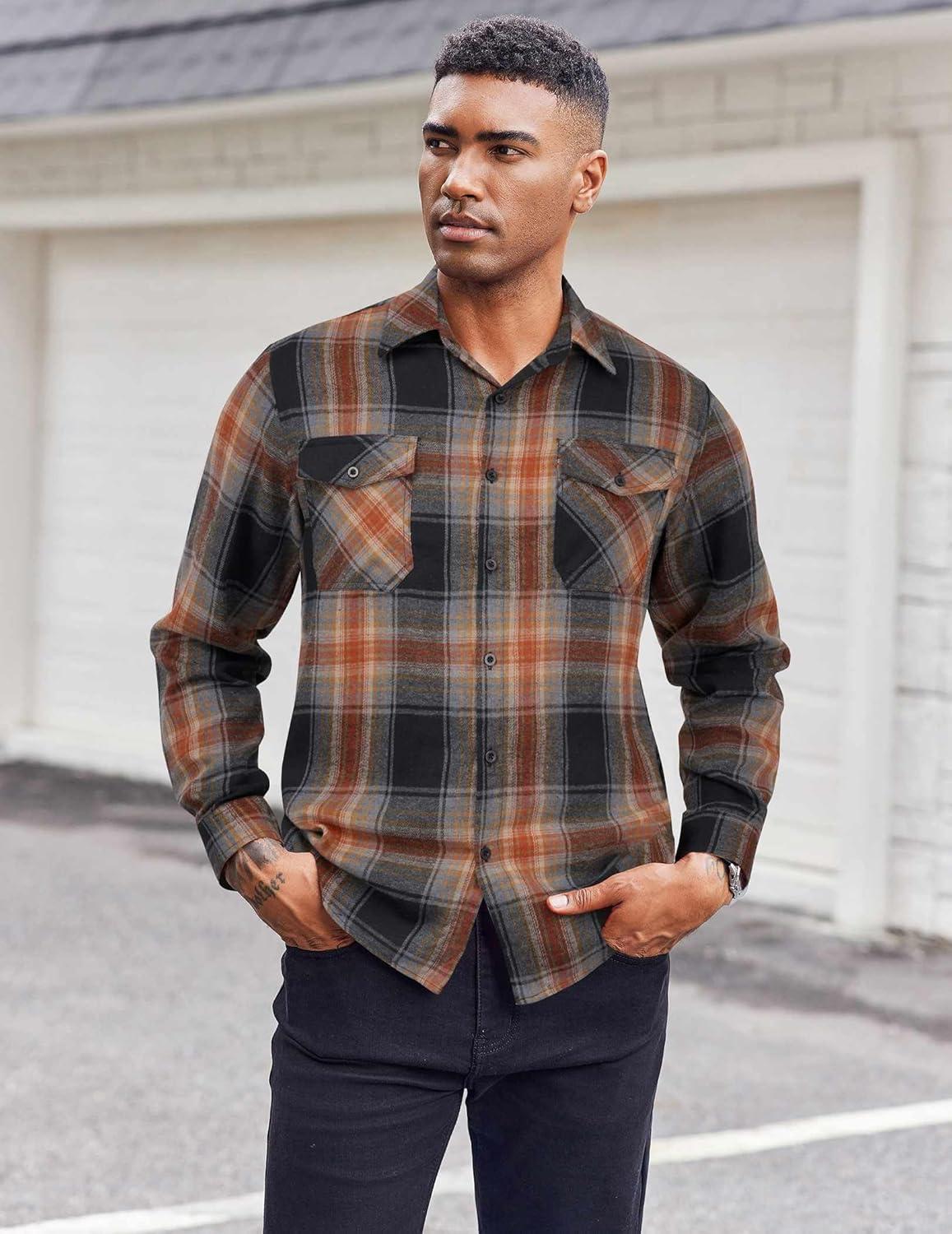 imageCOOFANDY Mens Flannel Shirts Long Sleeve Casual Plaid Button Down Shirt Cotton Shirt Cowboy Work Shirts with PocketsBlackorange
