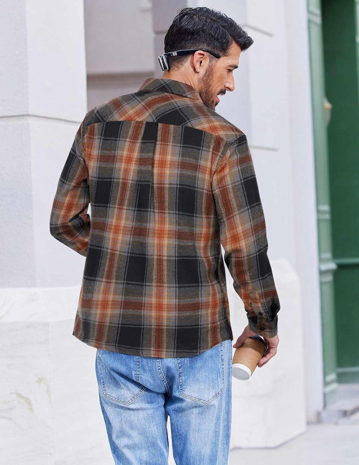 imageCOOFANDY Mens Flannel Shirts Long Sleeve Casual Plaid Button Down Shirt Cotton Shirt Cowboy Work Shirts with PocketsBlackorange
