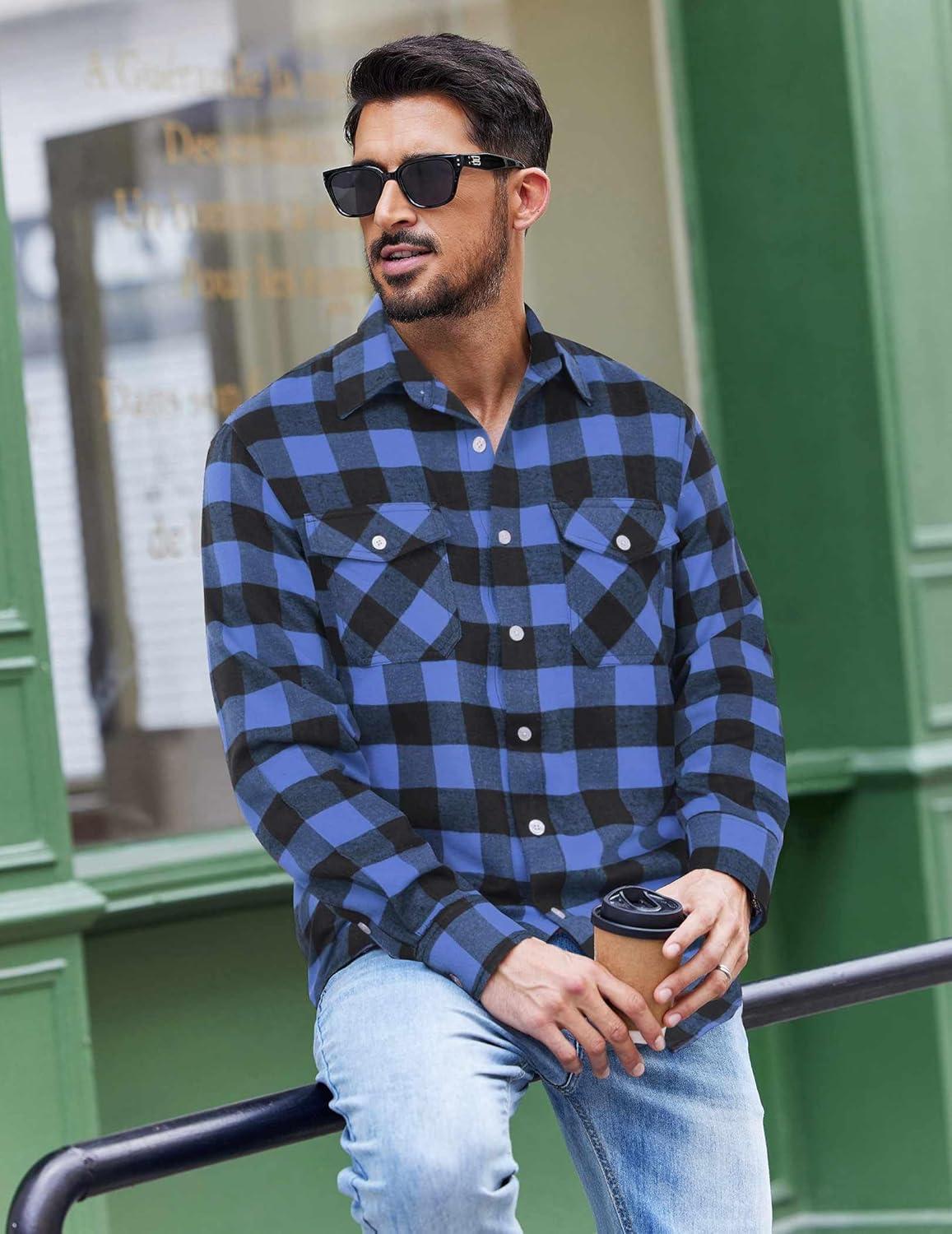 imageCOOFANDY Mens Flannel Shirts Long Sleeve Casual Plaid Button Down Shirt Cotton Shirt Cowboy Work Shirts with PocketsBlue