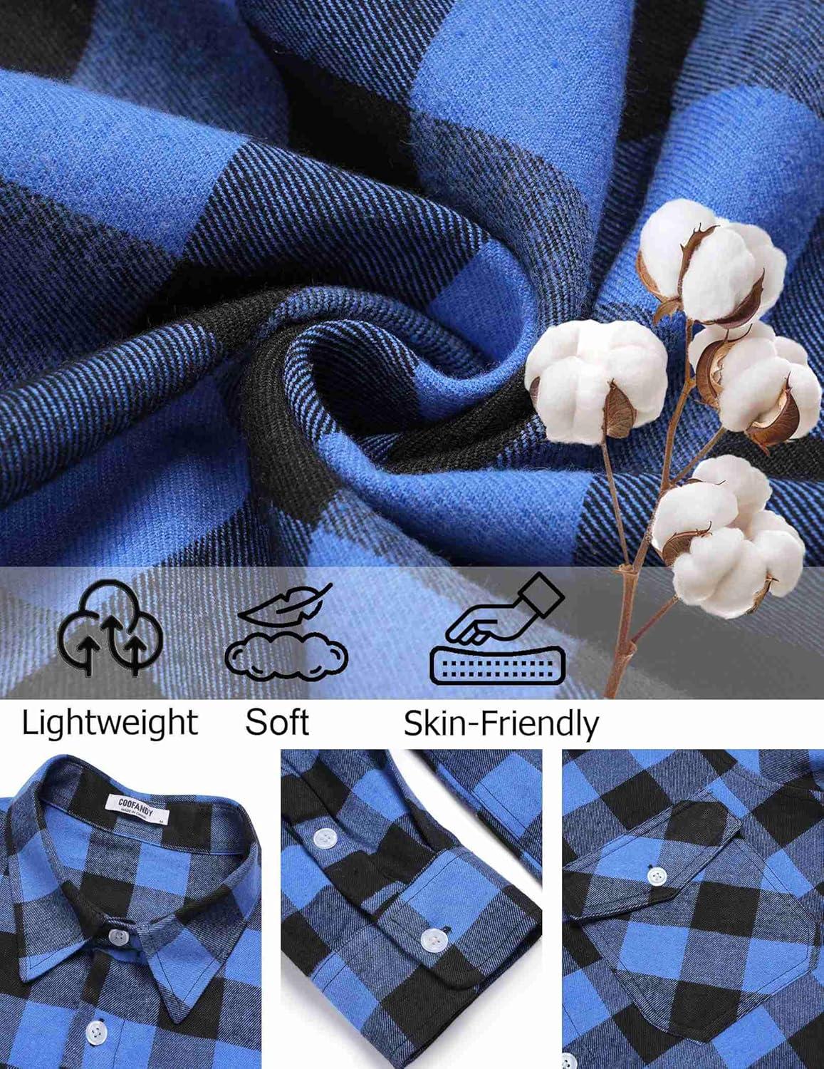 imageCOOFANDY Mens Flannel Shirts Long Sleeve Casual Plaid Button Down Shirt Cotton Shirt Cowboy Work Shirts with PocketsBlue