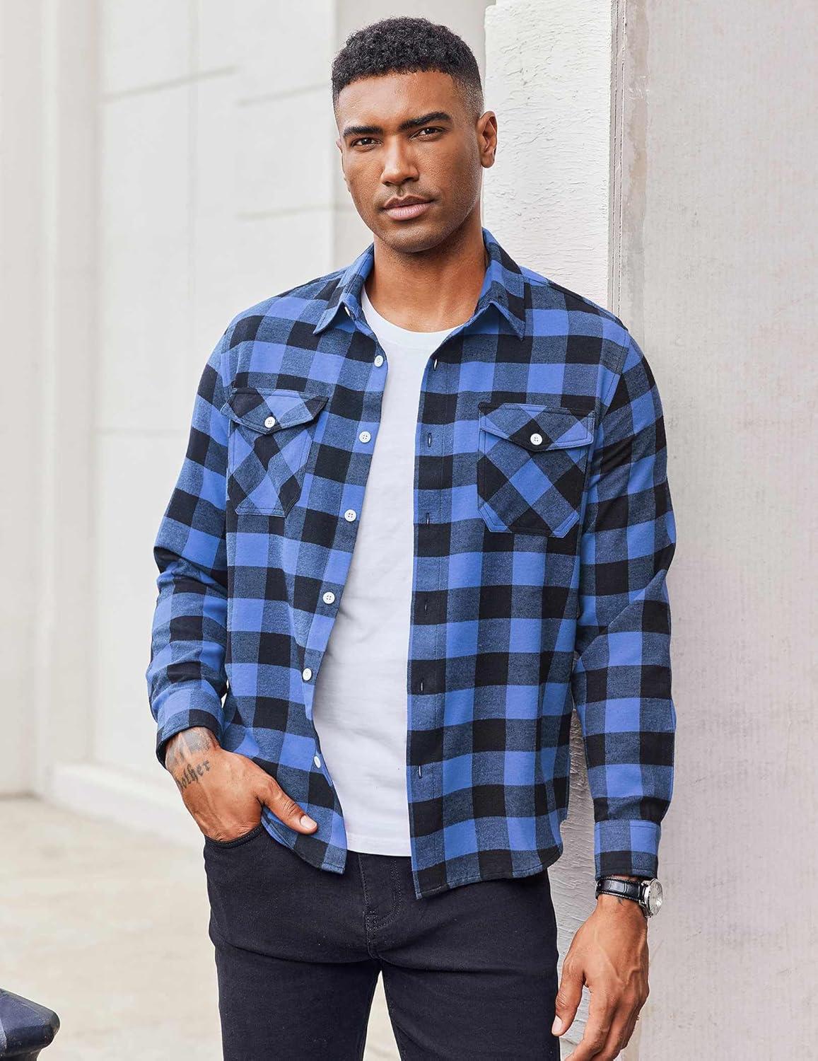 imageCOOFANDY Mens Flannel Shirts Long Sleeve Casual Plaid Button Down Shirt Cotton Shirt Cowboy Work Shirts with PocketsBlue