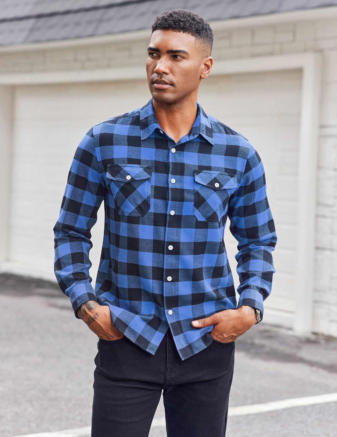 imageCOOFANDY Mens Flannel Shirts Long Sleeve Casual Plaid Button Down Shirt Cotton Shirt Cowboy Work Shirts with PocketsBlue