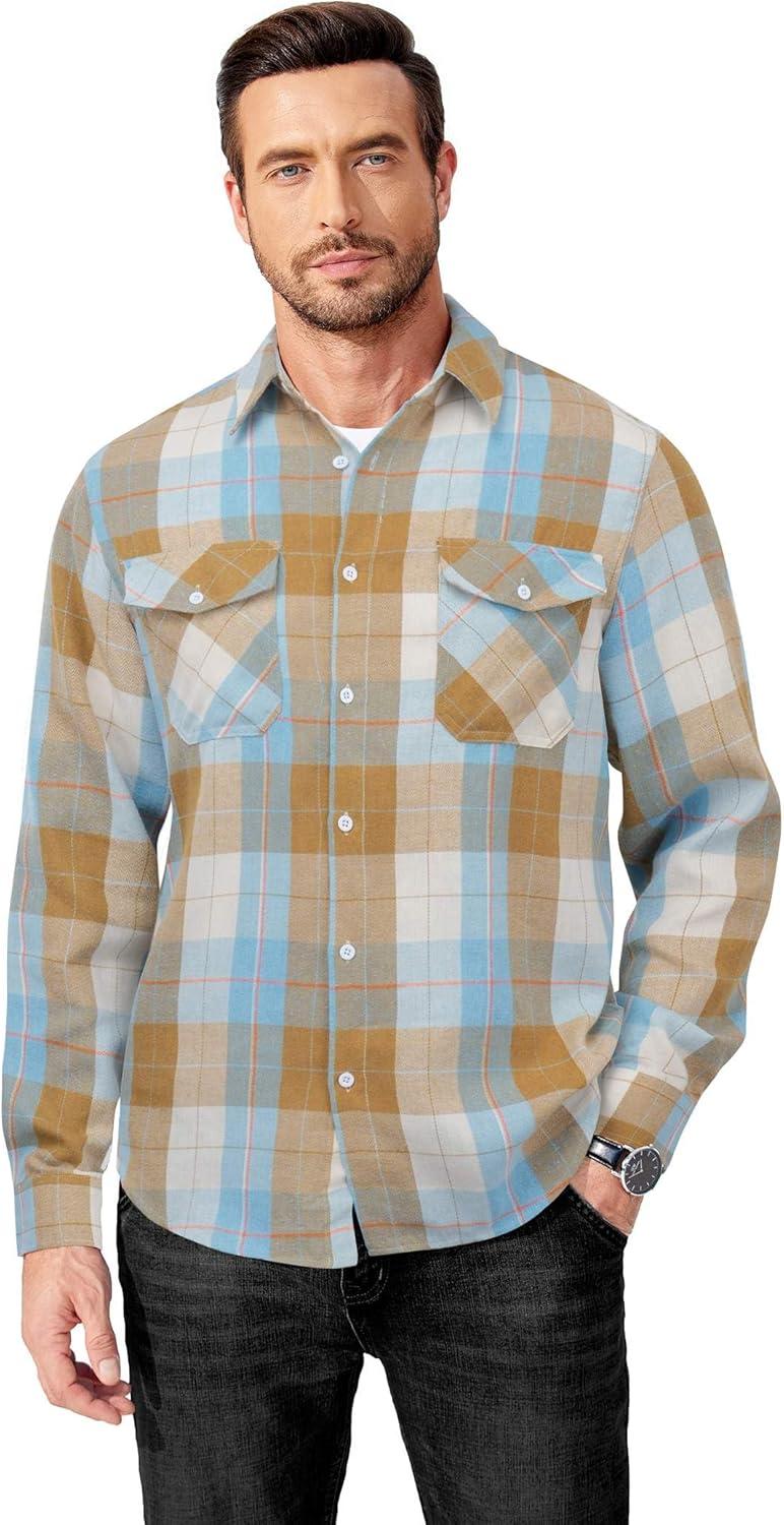 imageCOOFANDY Mens Flannel Shirts Long Sleeve Casual Plaid Button Down Shirt Cotton Shirt Cowboy Work Shirts with PocketsBluekhaki
