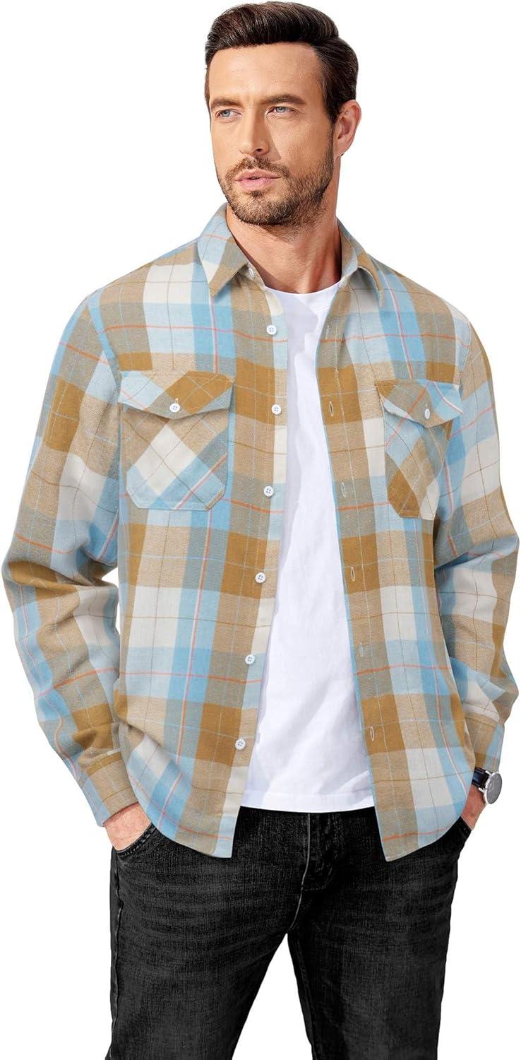 imageCOOFANDY Mens Flannel Shirts Long Sleeve Casual Plaid Button Down Shirt Cotton Shirt Cowboy Work Shirts with PocketsBluekhaki