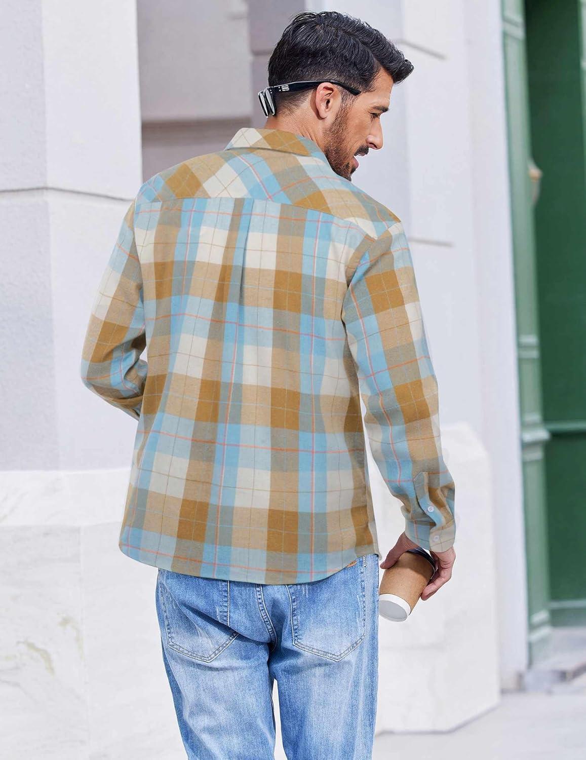 imageCOOFANDY Mens Flannel Shirts Long Sleeve Casual Plaid Button Down Shirt Cotton Shirt Cowboy Work Shirts with PocketsBluekhaki