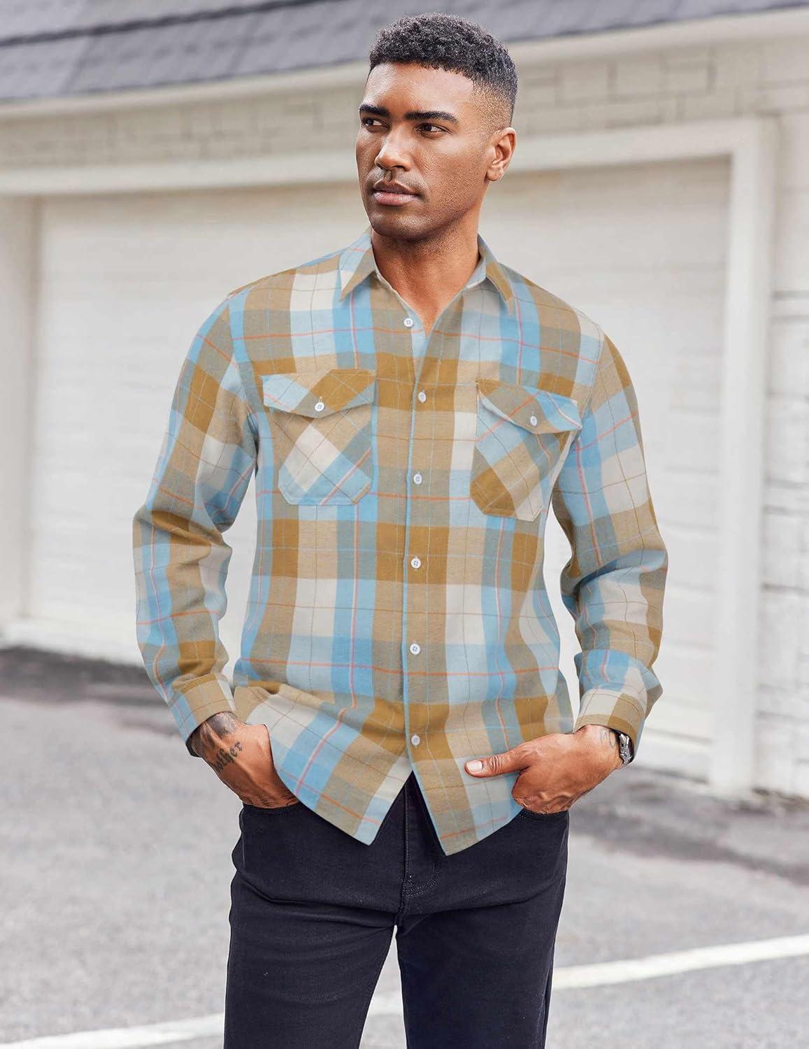 imageCOOFANDY Mens Flannel Shirts Long Sleeve Casual Plaid Button Down Shirt Cotton Shirt Cowboy Work Shirts with PocketsBluekhaki