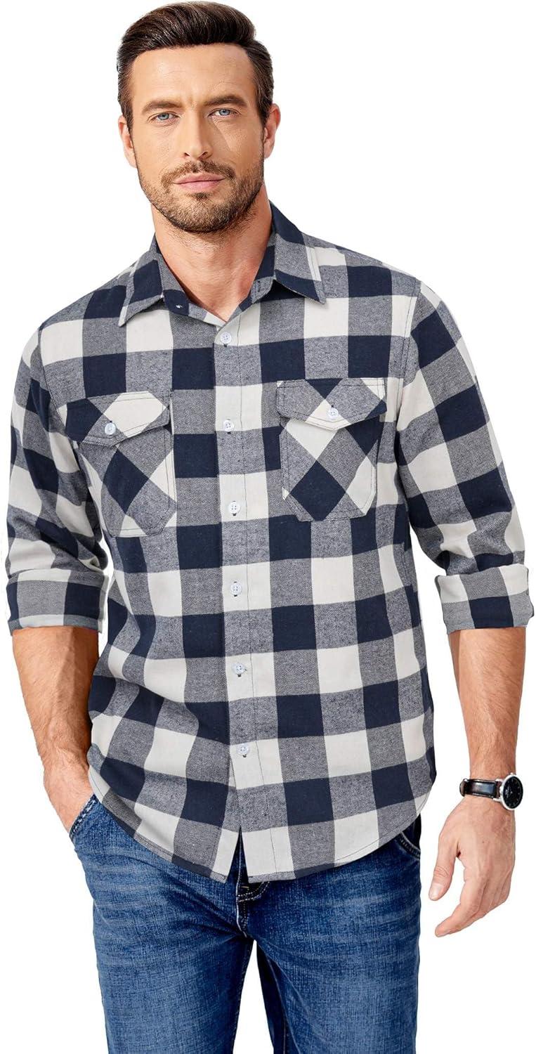imageCOOFANDY Mens Flannel Shirts Long Sleeve Casual Plaid Button Down Shirt Cotton Shirt Cowboy Work Shirts with PocketsBluewhite