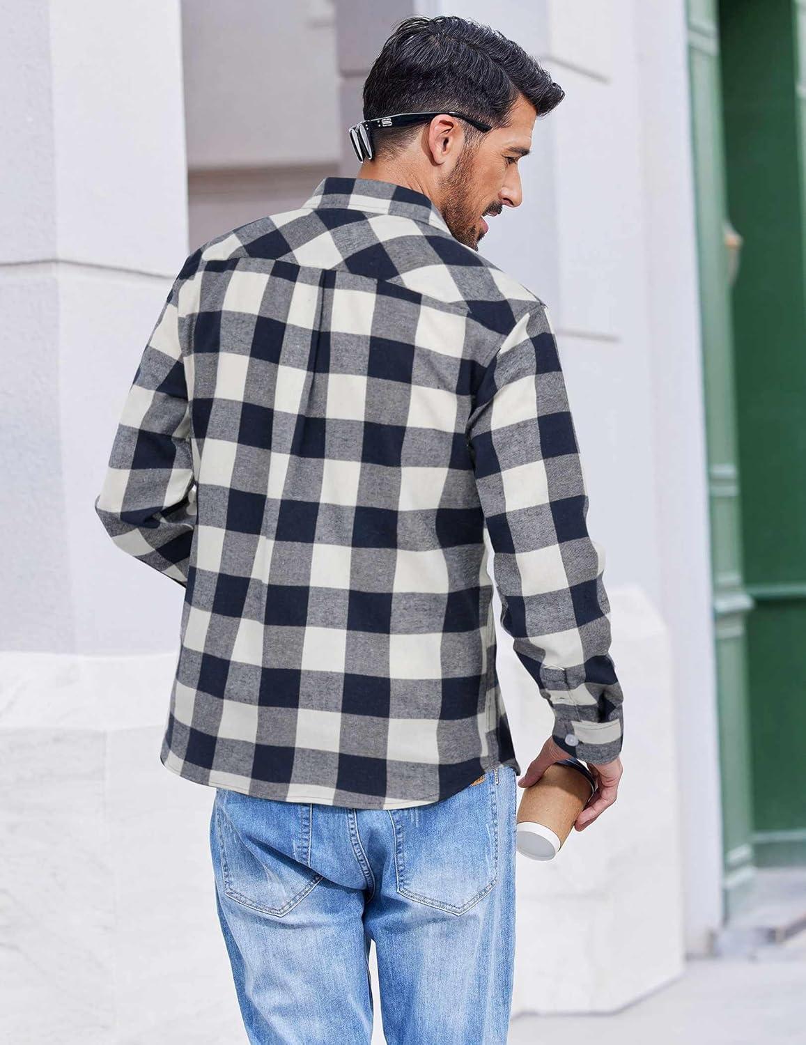 imageCOOFANDY Mens Flannel Shirts Long Sleeve Casual Plaid Button Down Shirt Cotton Shirt Cowboy Work Shirts with PocketsBluewhite