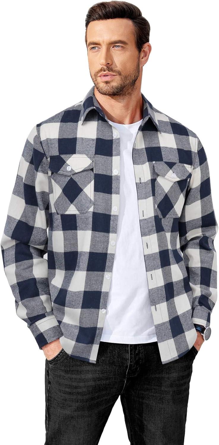 imageCOOFANDY Mens Flannel Shirts Long Sleeve Casual Plaid Button Down Shirt Cotton Shirt Cowboy Work Shirts with PocketsBluewhite