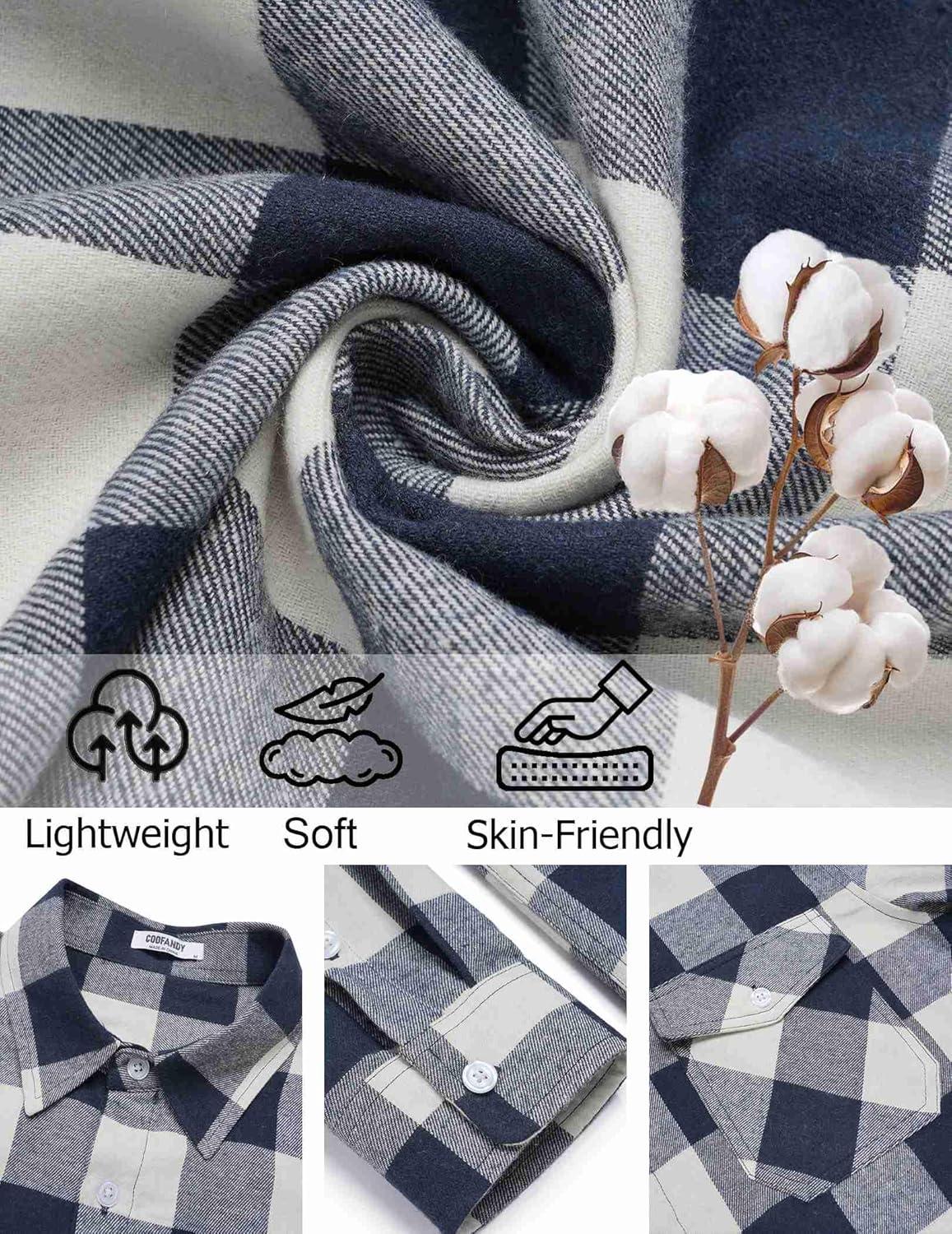 imageCOOFANDY Mens Flannel Shirts Long Sleeve Casual Plaid Button Down Shirt Cotton Shirt Cowboy Work Shirts with PocketsBluewhite