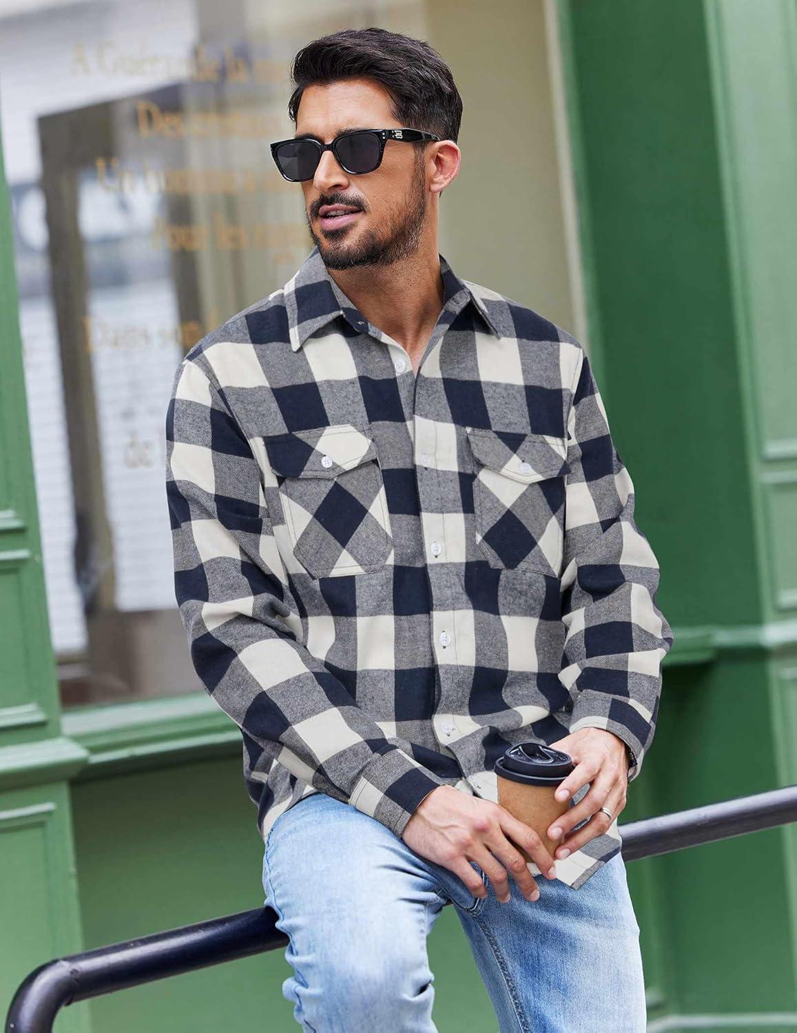 imageCOOFANDY Mens Flannel Shirts Long Sleeve Casual Plaid Button Down Shirt Cotton Shirt Cowboy Work Shirts with PocketsBluewhite