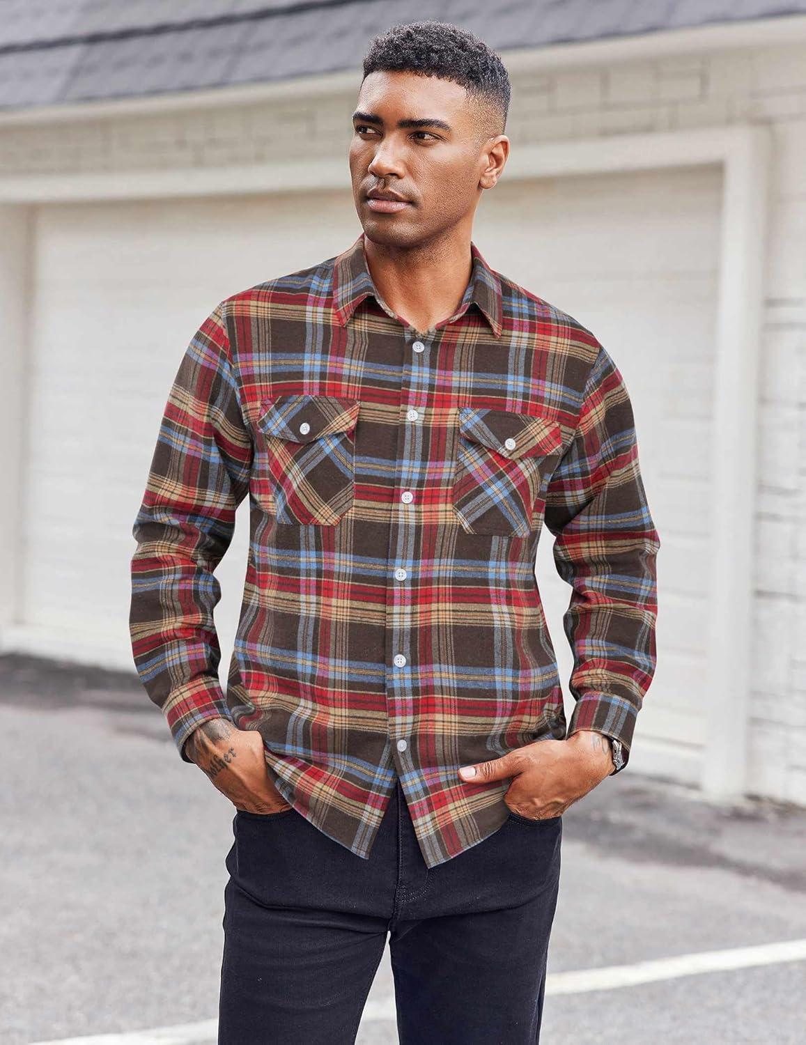 imageCOOFANDY Mens Flannel Shirts Long Sleeve Casual Plaid Button Down Shirt Cotton Shirt Cowboy Work Shirts with PocketsClassic British