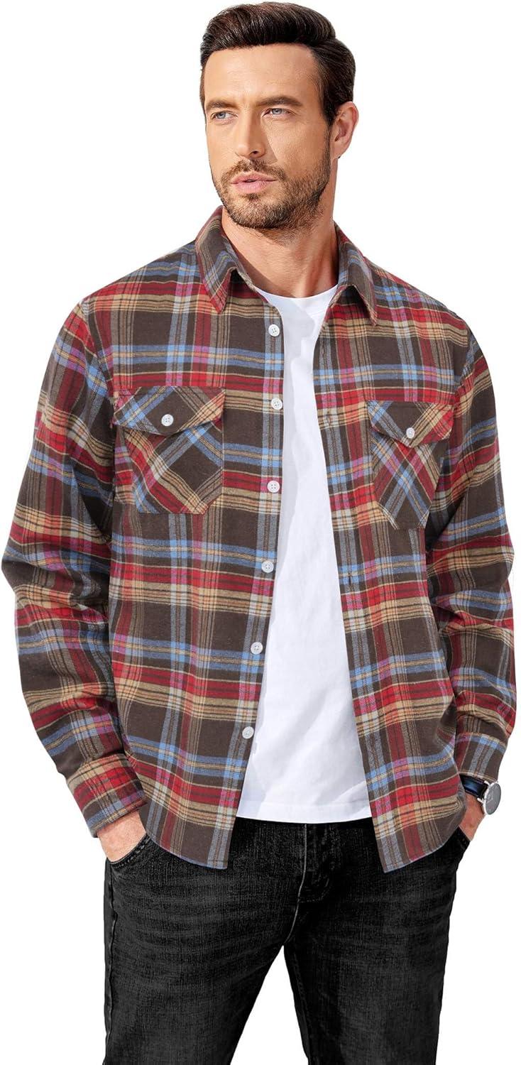 imageCOOFANDY Mens Flannel Shirts Long Sleeve Casual Plaid Button Down Shirt Cotton Shirt Cowboy Work Shirts with PocketsClassic British