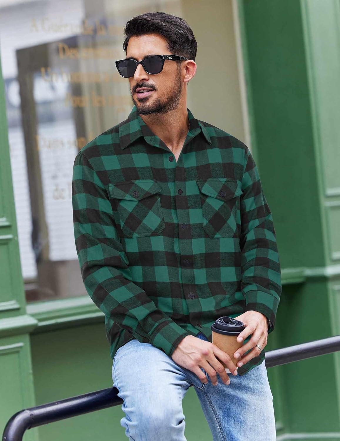 imageCOOFANDY Mens Flannel Shirts Long Sleeve Casual Plaid Button Down Shirt Cotton Shirt Cowboy Work Shirts with PocketsGreen