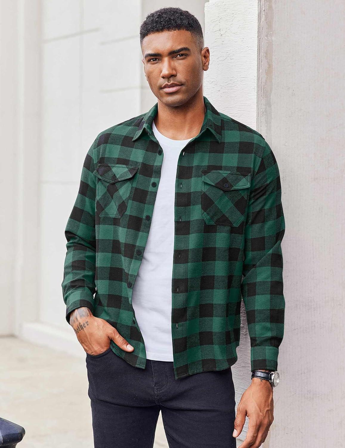 imageCOOFANDY Mens Flannel Shirts Long Sleeve Casual Plaid Button Down Shirt Cotton Shirt Cowboy Work Shirts with PocketsGreen