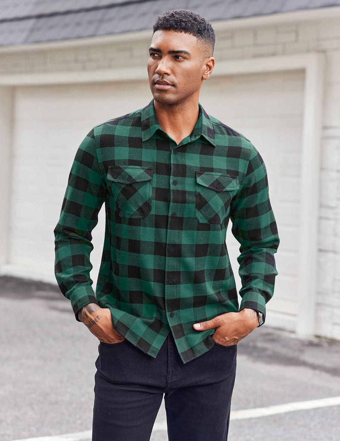 imageCOOFANDY Mens Flannel Shirts Long Sleeve Casual Plaid Button Down Shirt Cotton Shirt Cowboy Work Shirts with PocketsGreen
