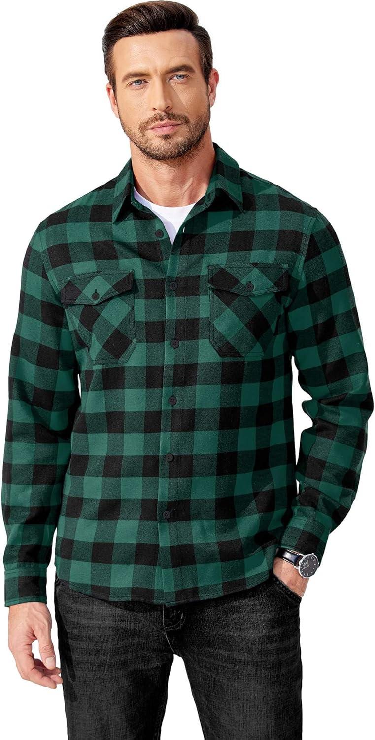 imageCOOFANDY Mens Flannel Shirts Long Sleeve Casual Plaid Button Down Shirt Cotton Shirt Cowboy Work Shirts with PocketsGreen