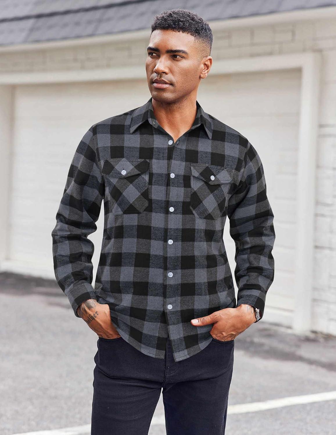 imageCOOFANDY Mens Flannel Shirts Long Sleeve Casual Plaid Button Down Shirt Cotton Shirt Cowboy Work Shirts with PocketsGreyblue
