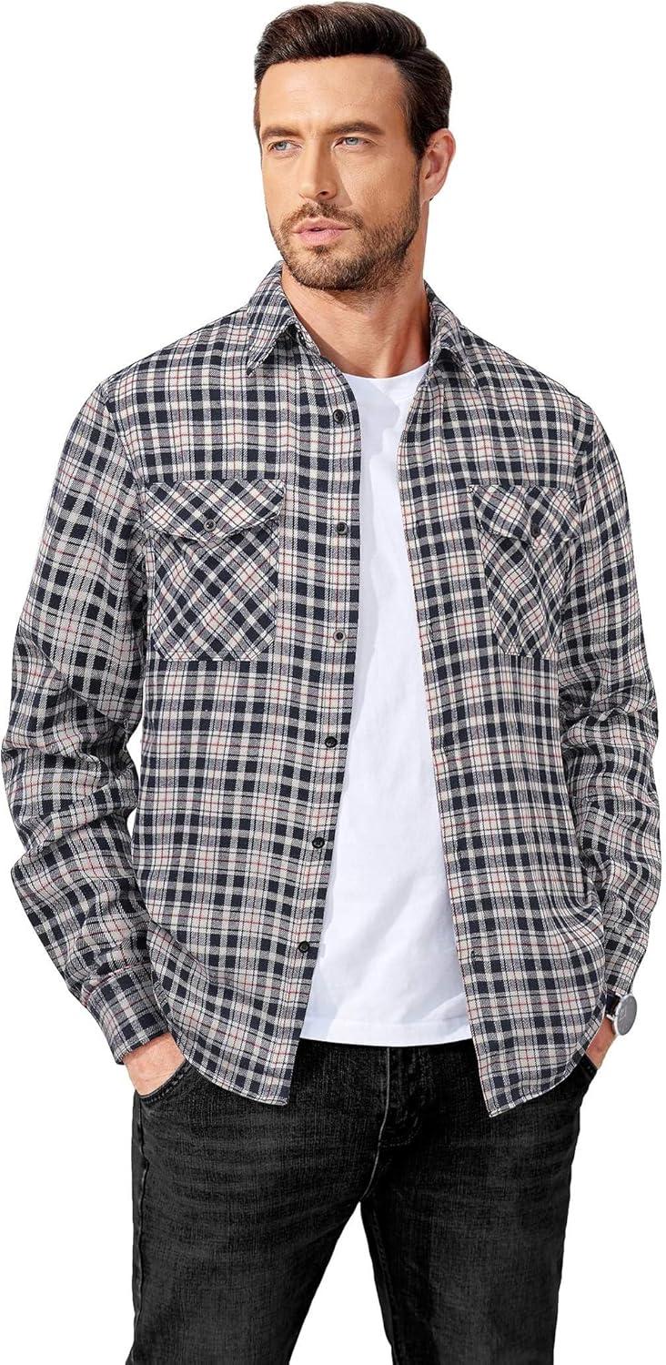 imageCOOFANDY Mens Flannel Shirts Long Sleeve Casual Plaid Button Down Shirt Cotton Shirt Cowboy Work Shirts with PocketsNavy Blue