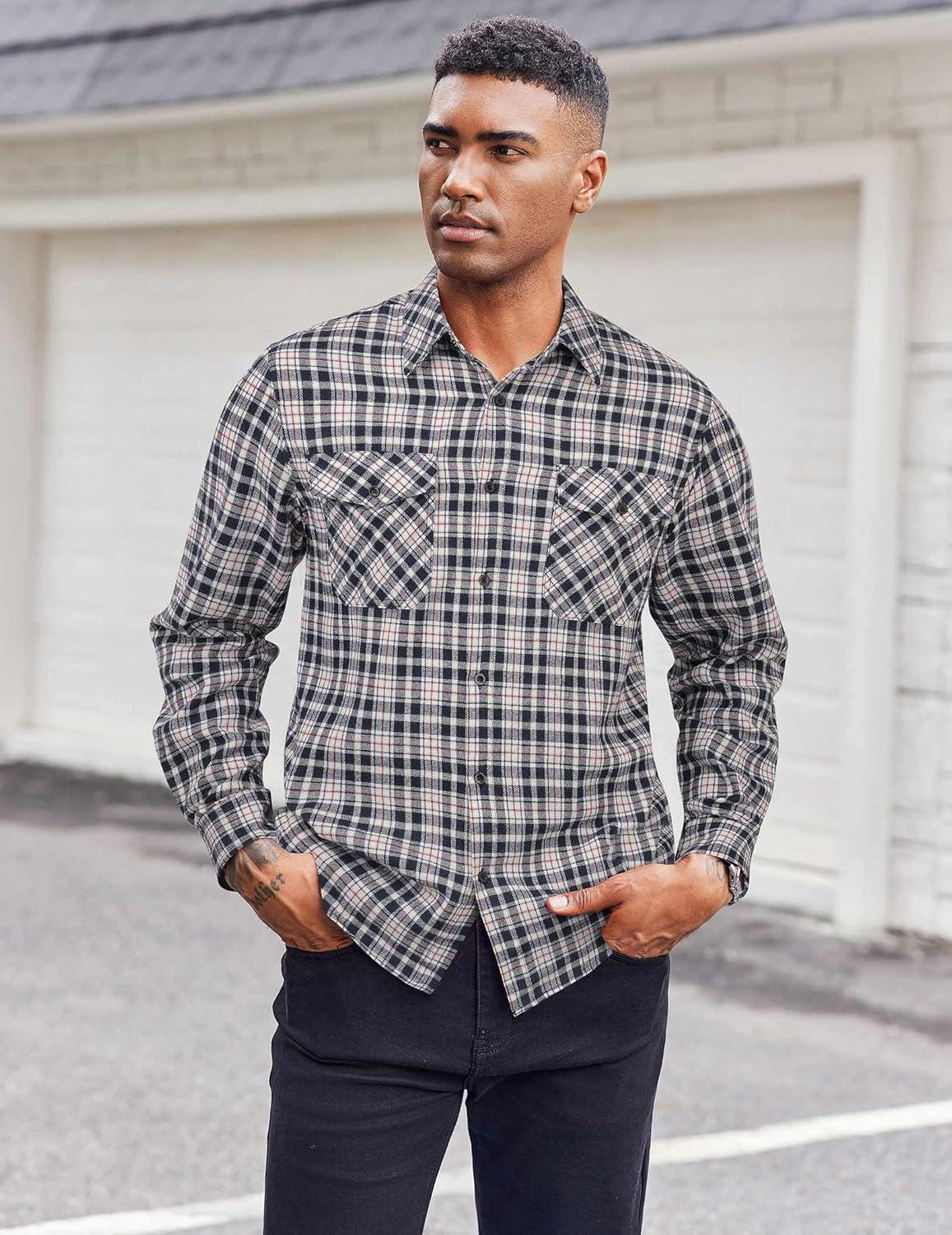 imageCOOFANDY Mens Flannel Shirts Long Sleeve Casual Plaid Button Down Shirt Cotton Shirt Cowboy Work Shirts with PocketsNavy Blue