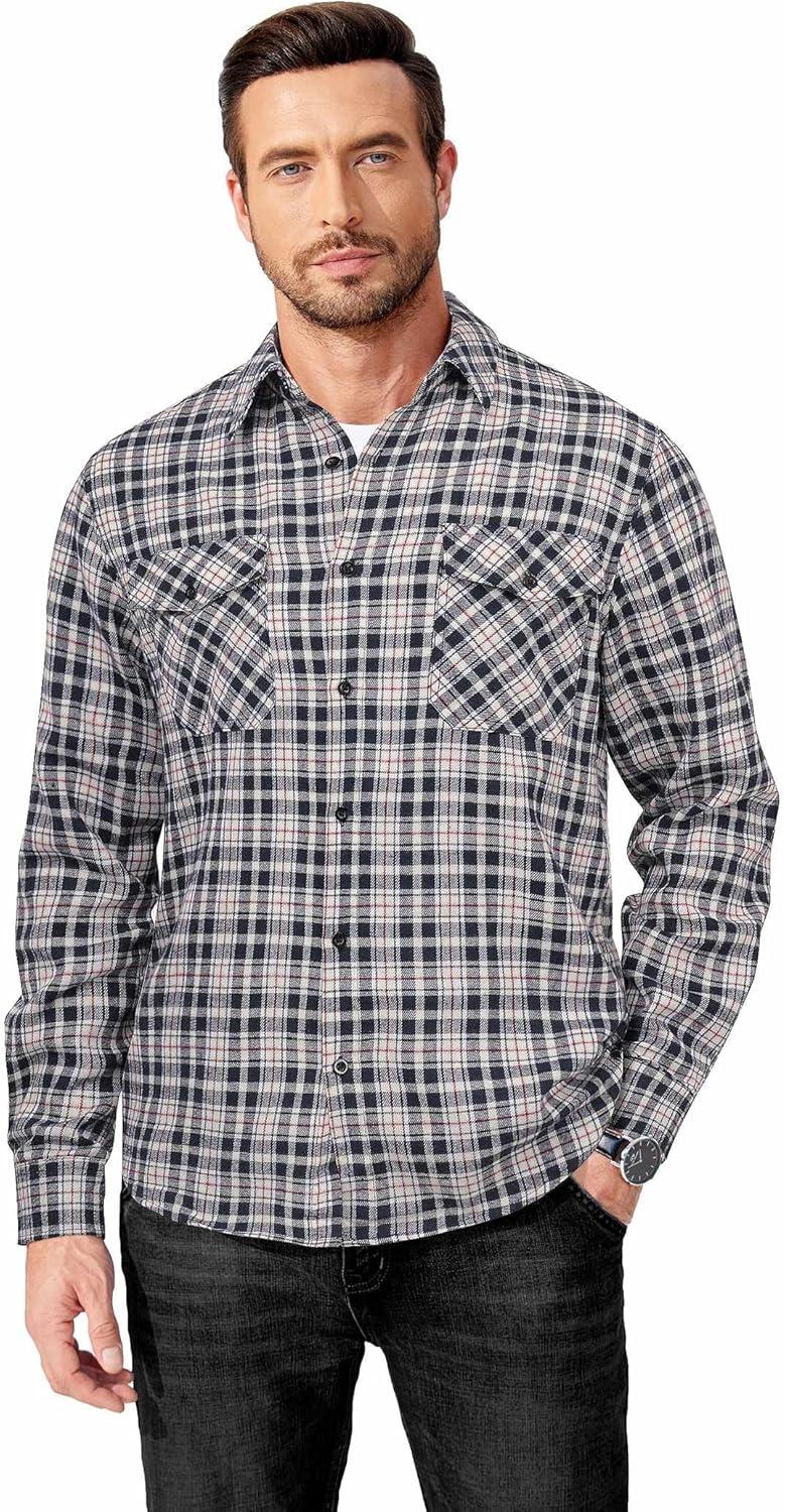 imageCOOFANDY Mens Flannel Shirts Long Sleeve Casual Plaid Button Down Shirt Cotton Shirt Cowboy Work Shirts with PocketsNavy Blue