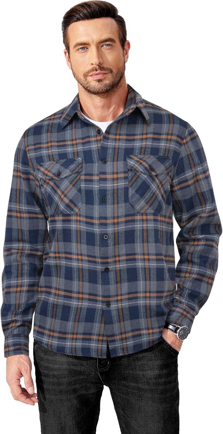 imageCOOFANDY Mens Flannel Shirts Long Sleeve Casual Plaid Button Down Shirt Cotton Shirt Cowboy Work Shirts with PocketsNavy Bluegrey