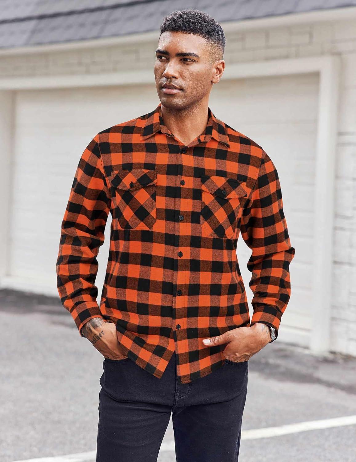 imageCOOFANDY Mens Flannel Shirts Long Sleeve Casual Plaid Button Down Shirt Cotton Shirt Cowboy Work Shirts with PocketsOrange