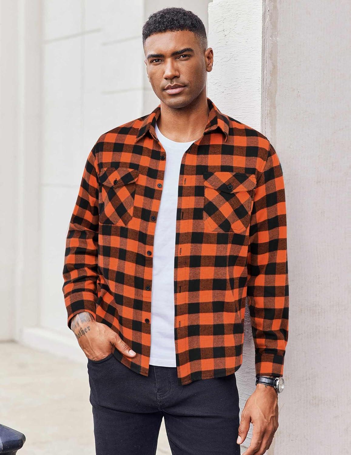 imageCOOFANDY Mens Flannel Shirts Long Sleeve Casual Plaid Button Down Shirt Cotton Shirt Cowboy Work Shirts with PocketsOrange