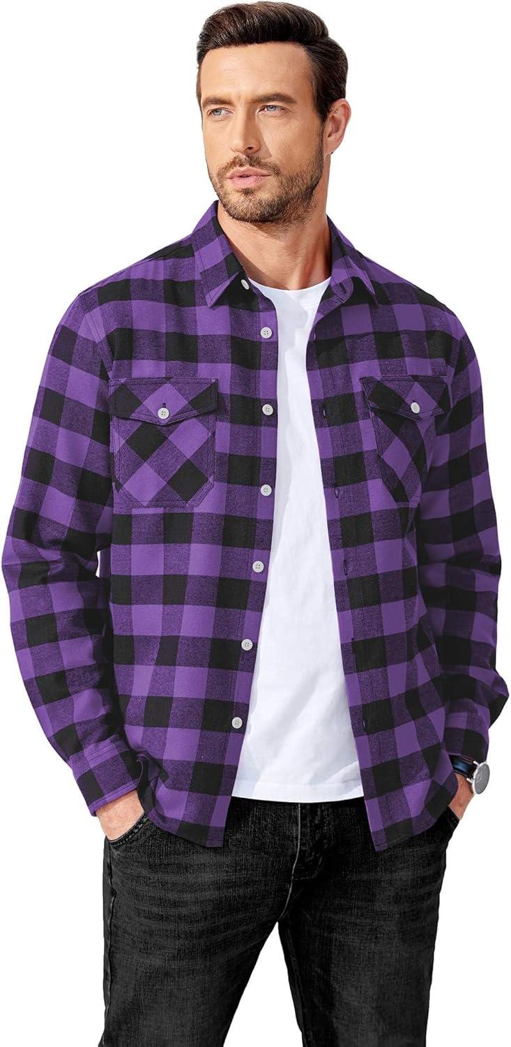 imageCOOFANDY Mens Flannel Shirts Long Sleeve Casual Plaid Button Down Shirt Cotton Shirt Cowboy Work Shirts with PocketsPurple