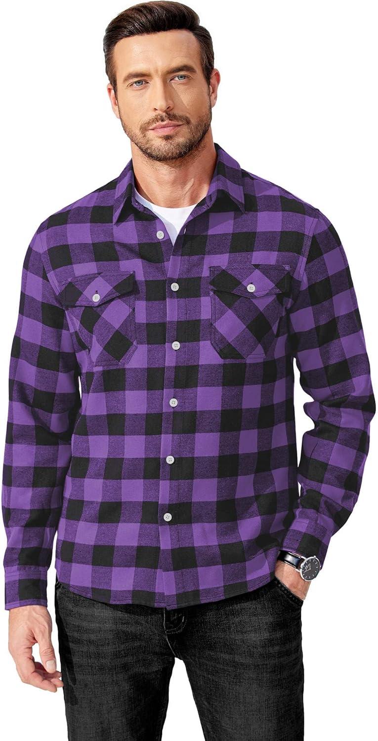imageCOOFANDY Mens Flannel Shirts Long Sleeve Casual Plaid Button Down Shirt Cotton Shirt Cowboy Work Shirts with PocketsPurple