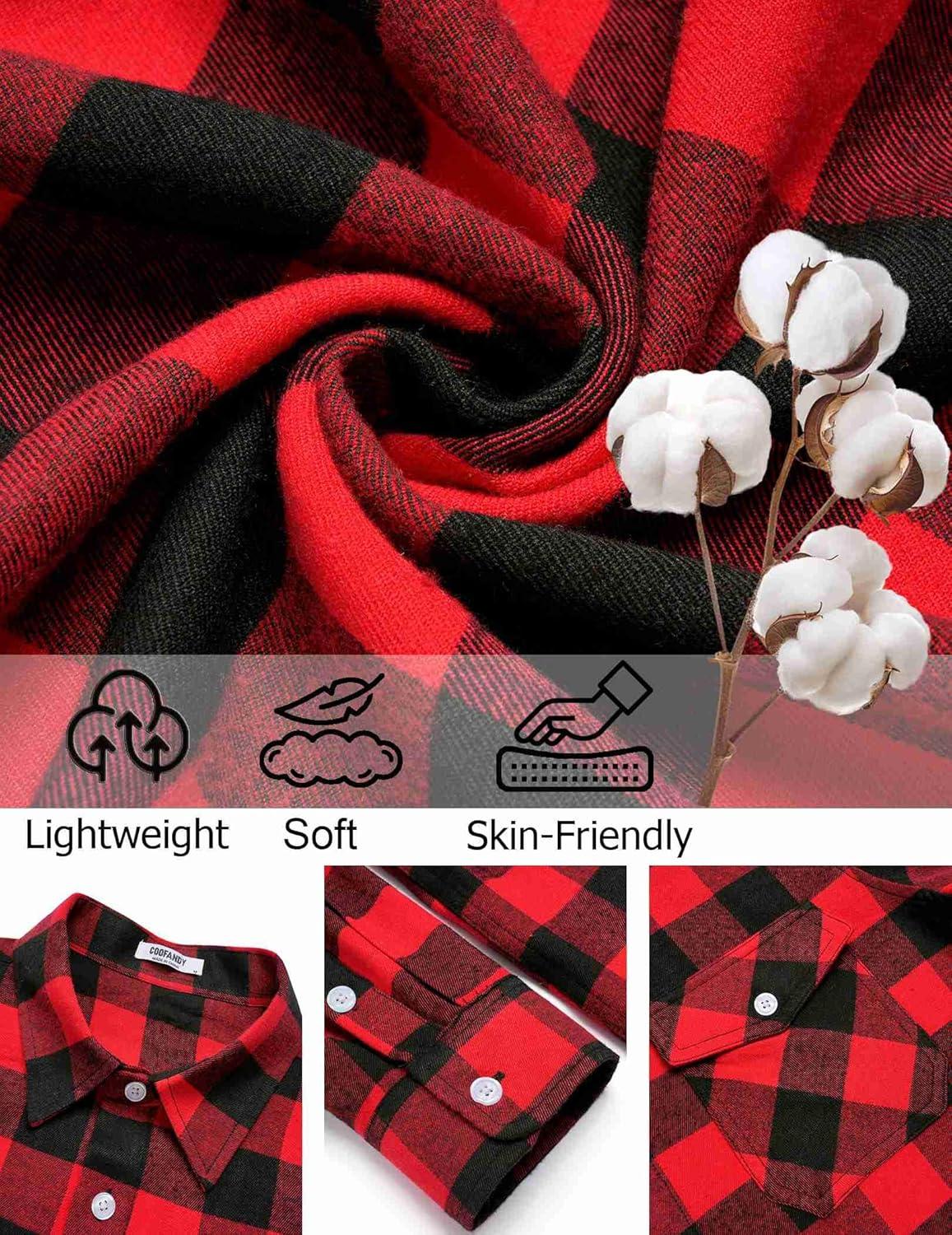 imageCOOFANDY Mens Flannel Shirts Long Sleeve Casual Plaid Button Down Shirt Cotton Shirt Cowboy Work Shirts with PocketsRed