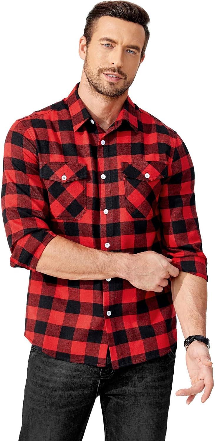 imageCOOFANDY Mens Flannel Shirts Long Sleeve Casual Plaid Button Down Shirt Cotton Shirt Cowboy Work Shirts with PocketsRed