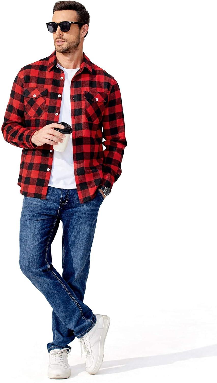 imageCOOFANDY Mens Flannel Shirts Long Sleeve Casual Plaid Button Down Shirt Cotton Shirt Cowboy Work Shirts with PocketsRed