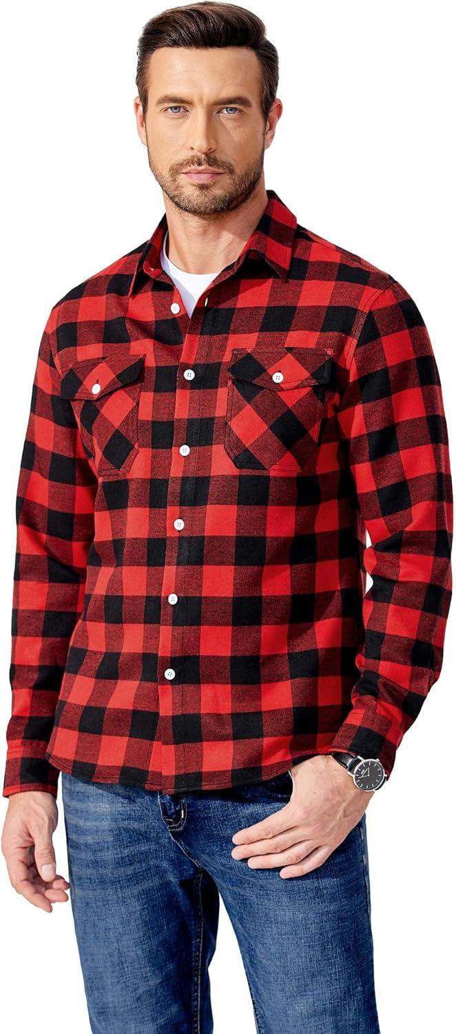imageCOOFANDY Mens Flannel Shirts Long Sleeve Casual Plaid Button Down Shirt Cotton Shirt Cowboy Work Shirts with PocketsRed