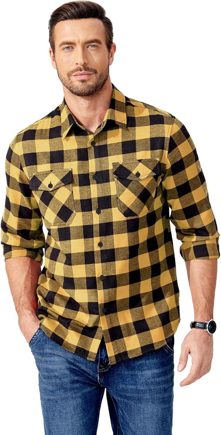 imageCOOFANDY Mens Flannel Shirts Long Sleeve Casual Plaid Button Down Shirt Cotton Shirt Cowboy Work Shirts with PocketsYellow