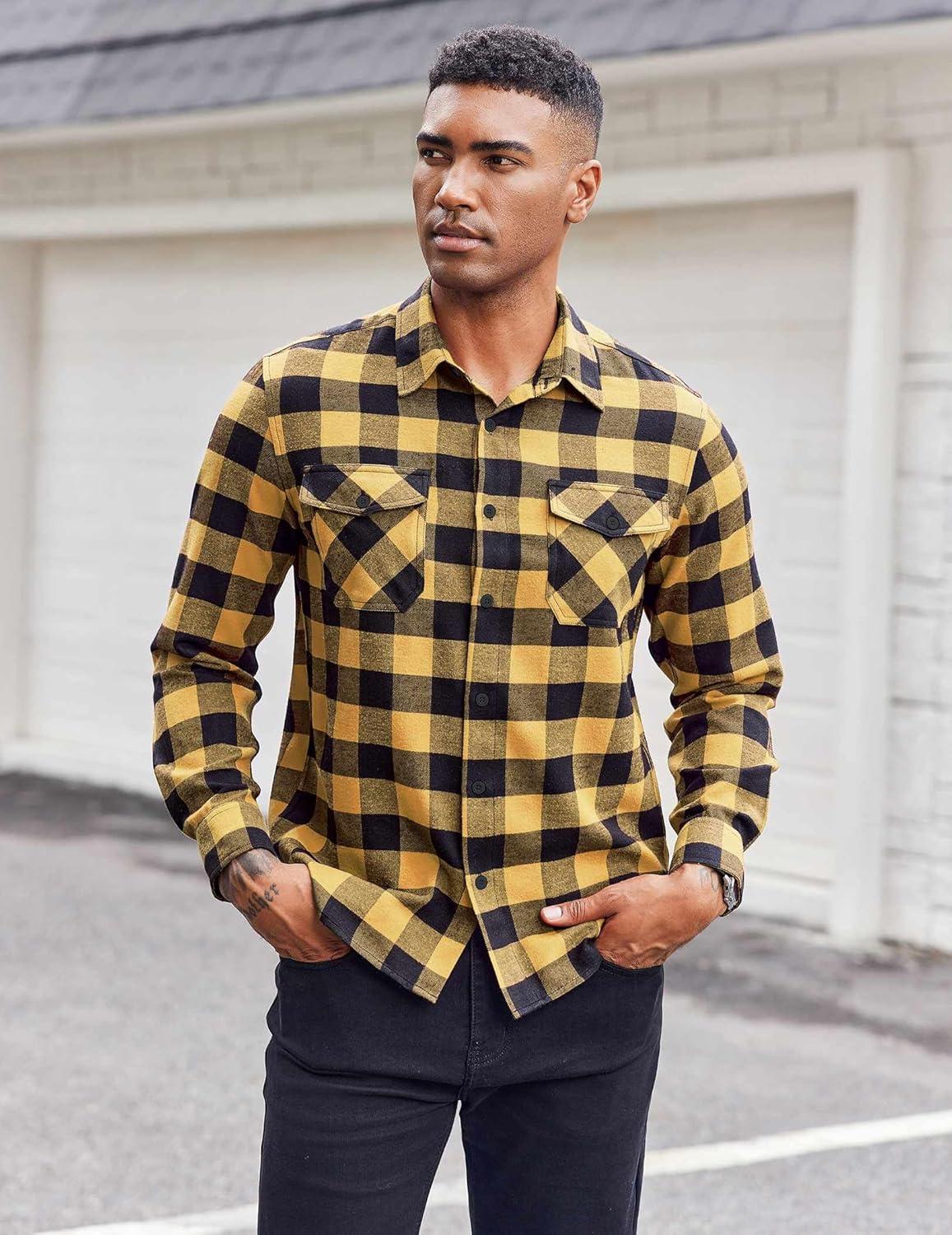 imageCOOFANDY Mens Flannel Shirts Long Sleeve Casual Plaid Button Down Shirt Cotton Shirt Cowboy Work Shirts with PocketsYellow