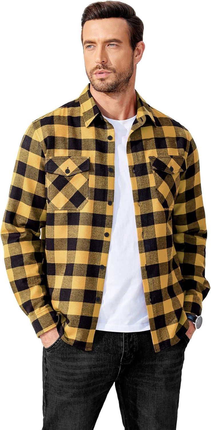 imageCOOFANDY Mens Flannel Shirts Long Sleeve Casual Plaid Button Down Shirt Cotton Shirt Cowboy Work Shirts with PocketsYellow