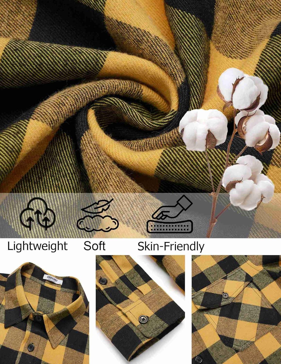 imageCOOFANDY Mens Flannel Shirts Long Sleeve Casual Plaid Button Down Shirt Cotton Shirt Cowboy Work Shirts with PocketsYellow